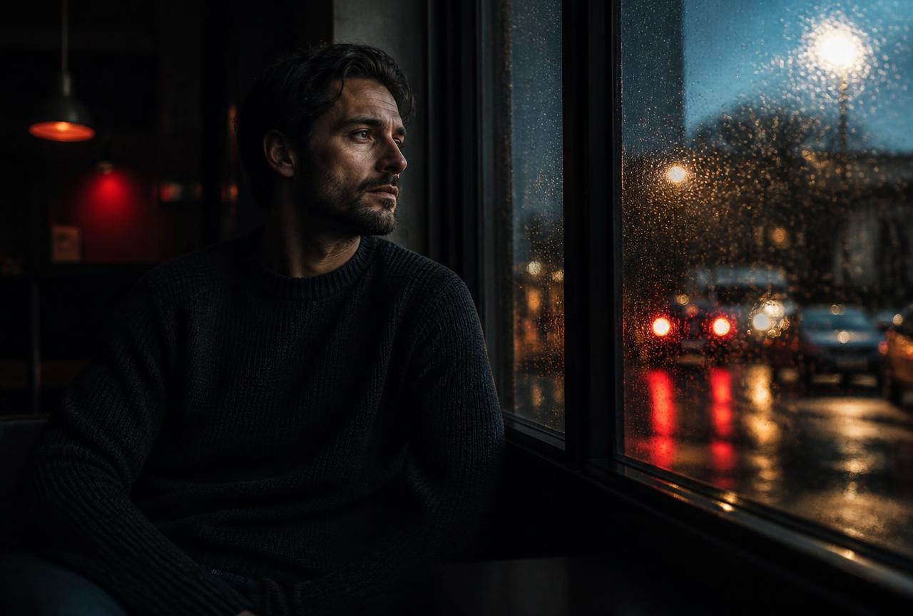 A man sitting alone by a rain-streaked window at dusk, thinking