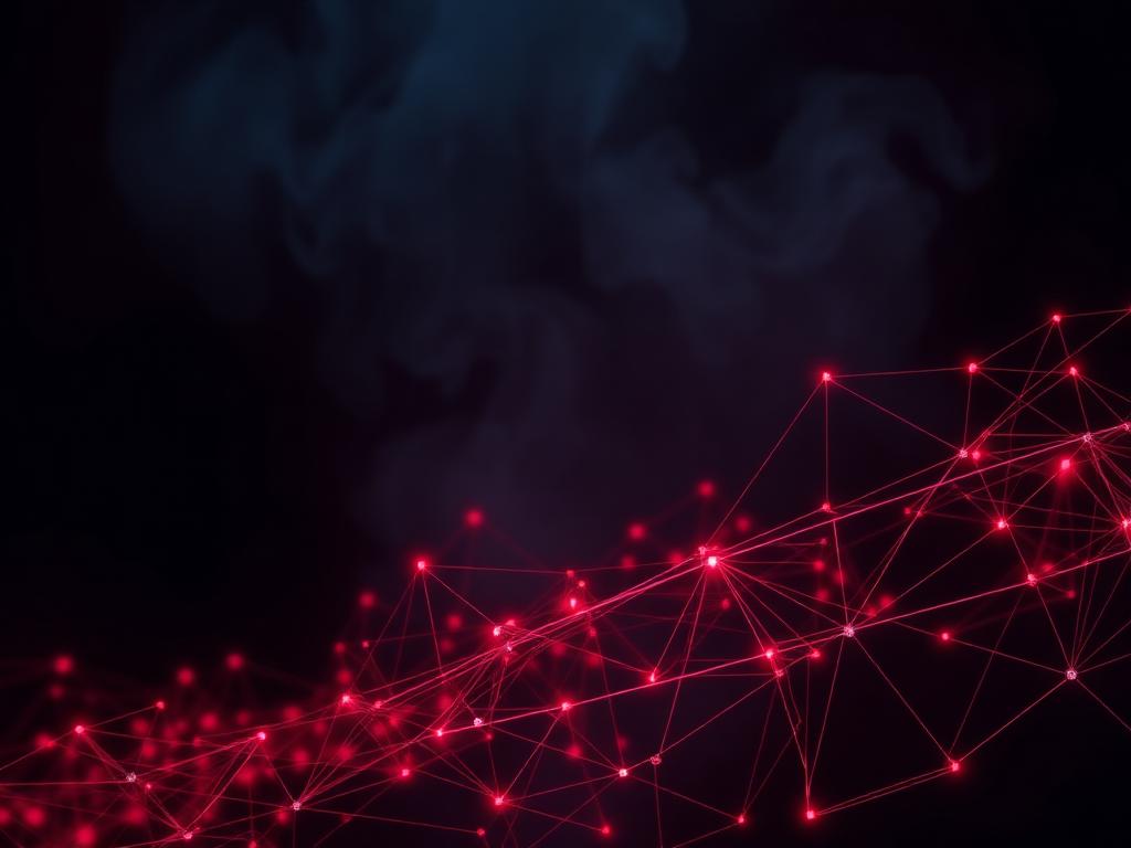 Abstract network of glowing crimson nodes and connecting lines