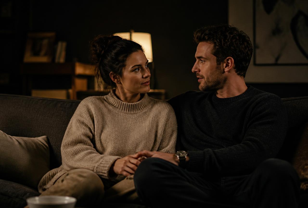 A couple sitting close together on a sofa having a calm conversation