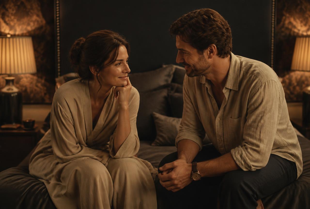 A couple talking together in a warmly lit bedroom